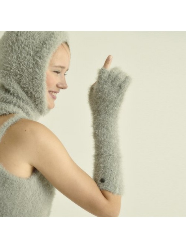 FUZZY KNIT LONG GLOVES, GREY