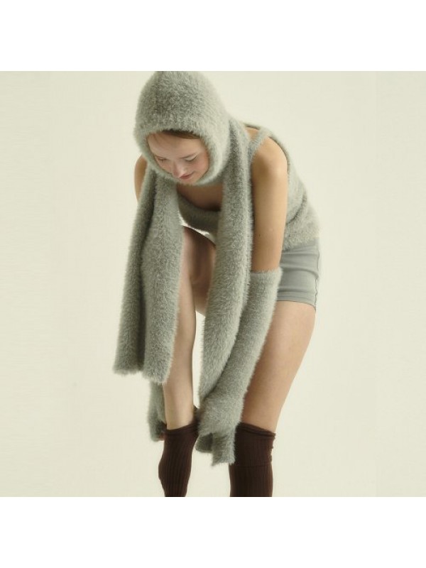 FUZZY KNIT LONG GLOVES, GREY