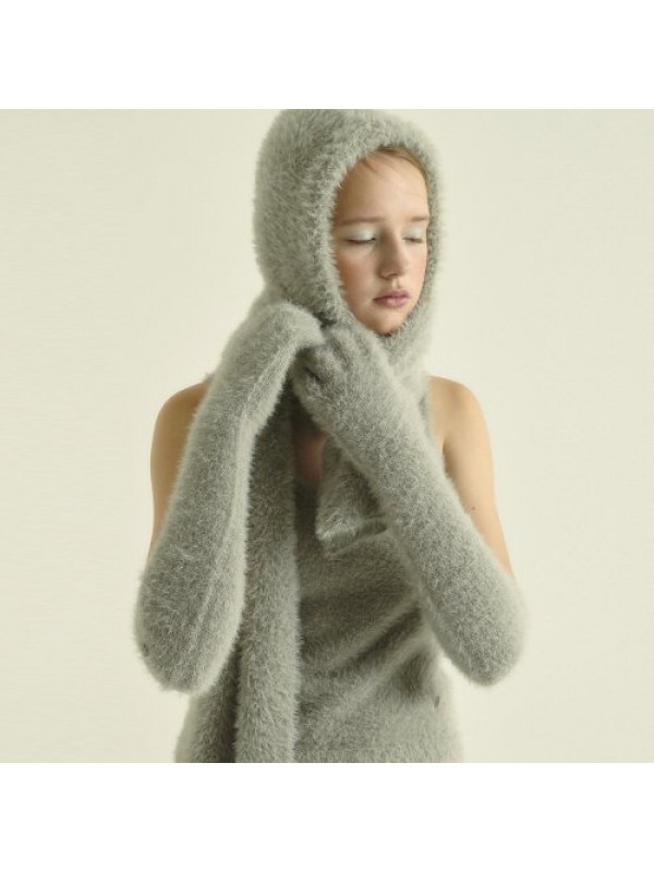 FUZZY KNIT LONG GLOVES, GREY