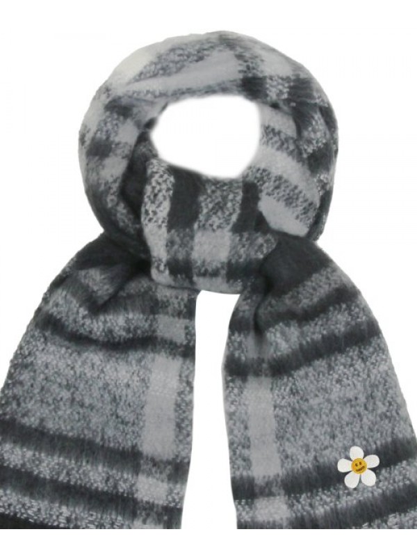 [UNISEX] Flower Dot Embroidered Bold Check Scarf_Black