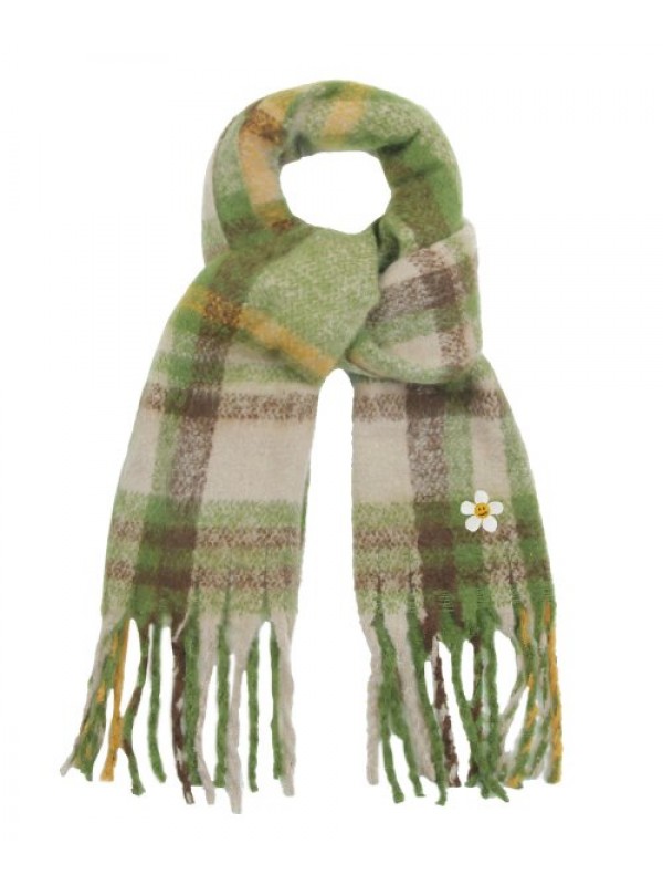 [UNISEX] Flower Dot Embroidered Bold Check Scarf_Green