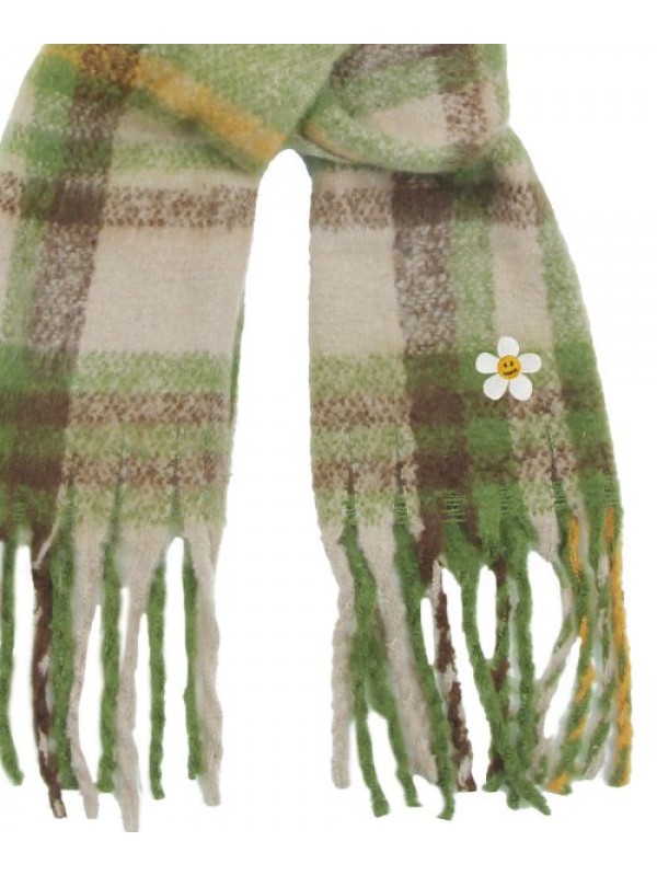 [UNISEX] Flower Dot Embroidered Bold Check Scarf_Green