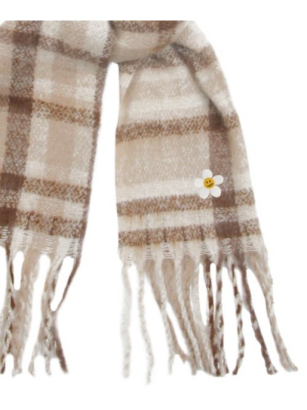 [UNISEX] Flower Dot Embroidered Bold Check Scarf_Beige