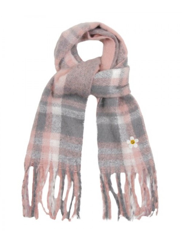 [UNISEX] Flower Dot Embroidered Bold Check Scarf_Pink