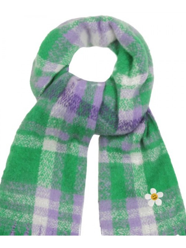 [UNISEX] Flower Dot Embroidered Bold Check Scarf_Purple