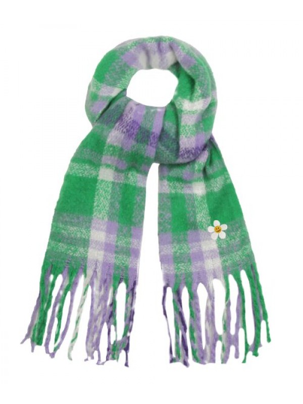 [UNISEX] Flower Dot Embroidered Bold Check Scarf_Purple