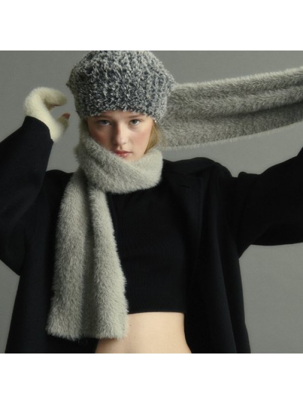 FUZZY KNIT MUFFLER, GRAY