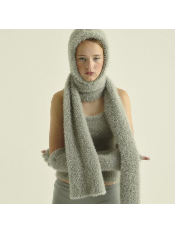 FUZZY KNIT MUFFLER, GRAY